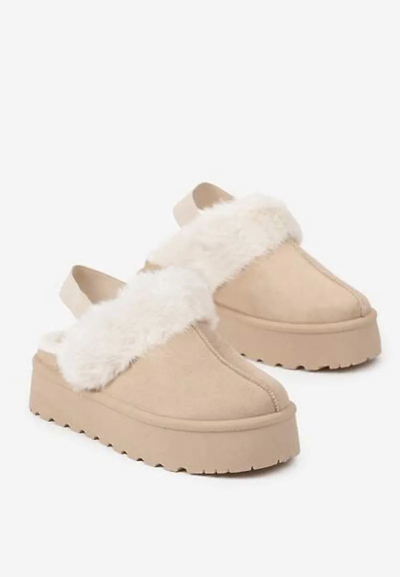 Beżowe Śniegowce na Niskiej Platformie z Odkrytą Piętą i Futrzanym Zdobieniem Virezi