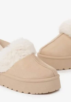 Beżowe Śniegowce na Niskiej Platformie z Odkrytą Piętą i Futrzanym Zdobieniem Virezi