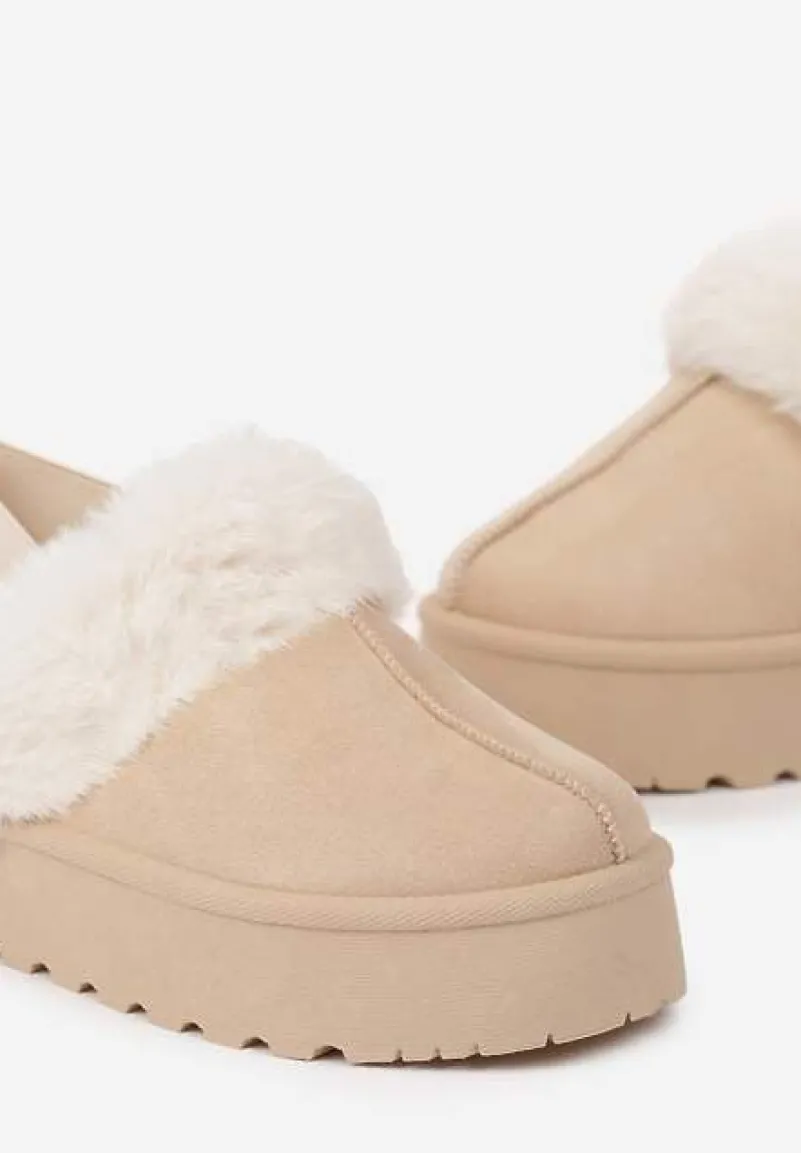 Beżowe Śniegowce na Niskiej Platformie z Odkrytą Piętą i Futrzanym Zdobieniem Virezi