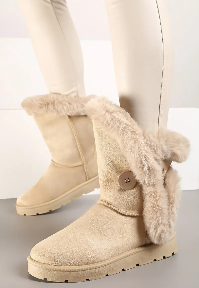 Beżowe Śniegowce na Płaskiej Podeszwie z Futerkiem Seanira