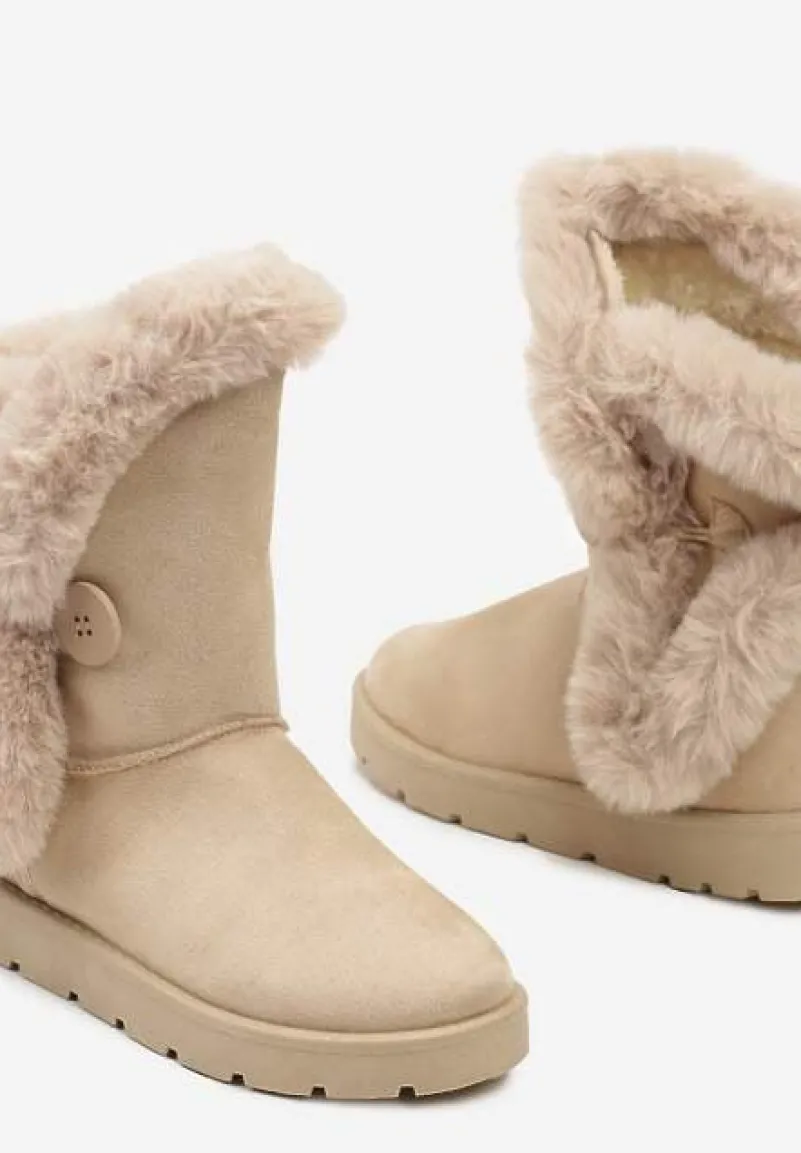 Beżowe Śniegowce na Płaskiej Podeszwie z Futerkiem Seanira