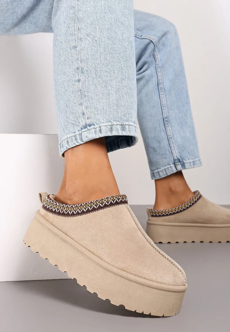 Beżowe Śniegowce na Platformie z Ozdobnym Paskiem Lotiara