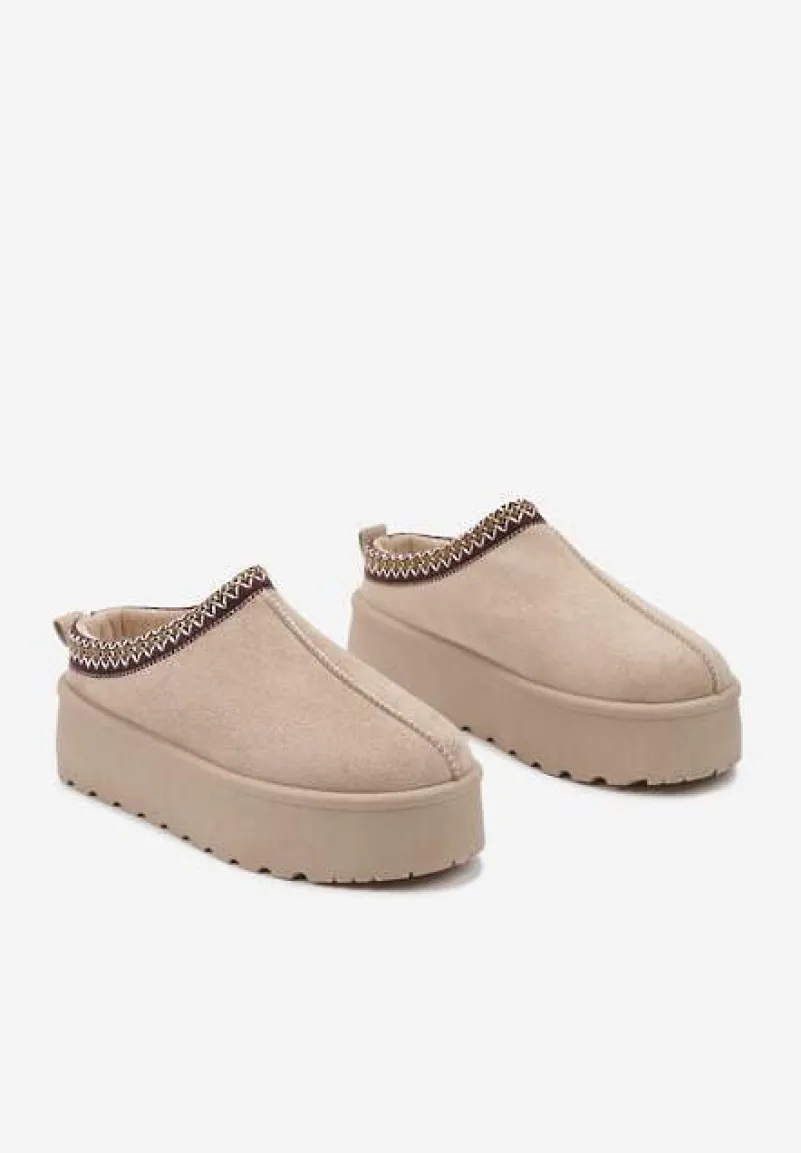 Beżowe Śniegowce na Platformie z Ozdobnym Paskiem Lotiara