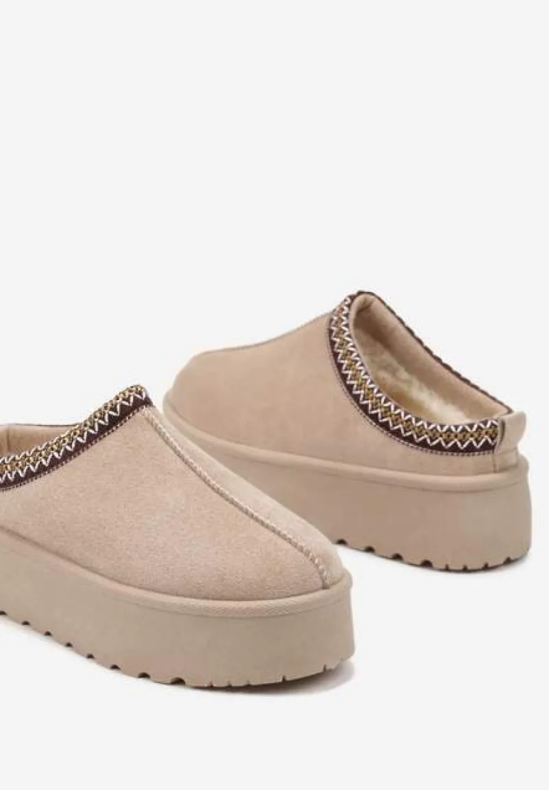 Beżowe Śniegowce na Platformie z Ozdobnym Paskiem Lotiara