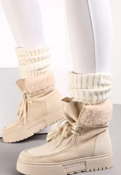Beżowe Śniegowce na Platformie z Futerkiem Cloima
