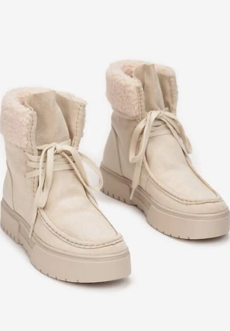 Beżowe Śniegowce na Platformie z Futerkiem Cloima