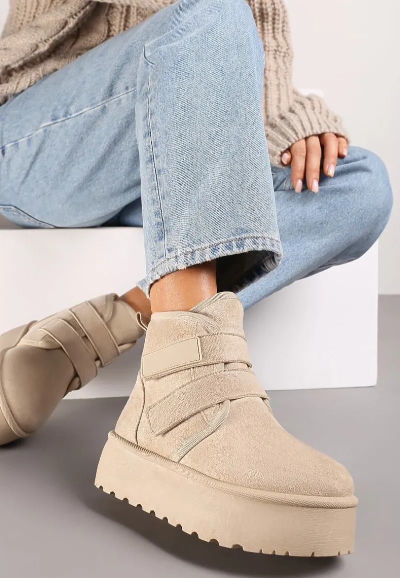 Beżowe Śniegowce na Platformie z Zapięciem na Rzep Tarimelle