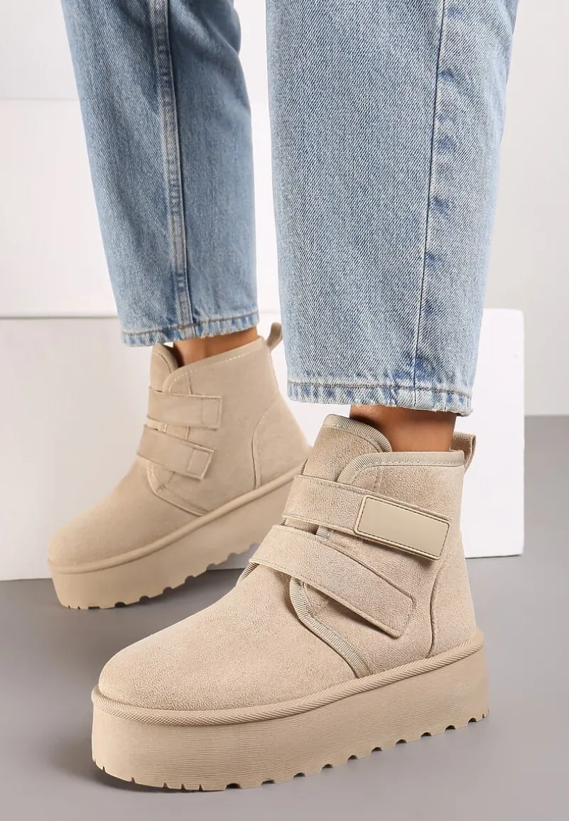 Beżowe Śniegowce na Platformie z Zapięciem na Rzep Tarimelle