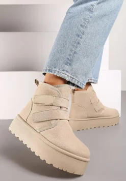 Beżowe Śniegowce na Platformie z Zapięciem na Rzep Tarimelle