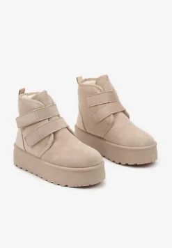 Beżowe Śniegowce na Platformie z Zapięciem na Rzep Tarimelle