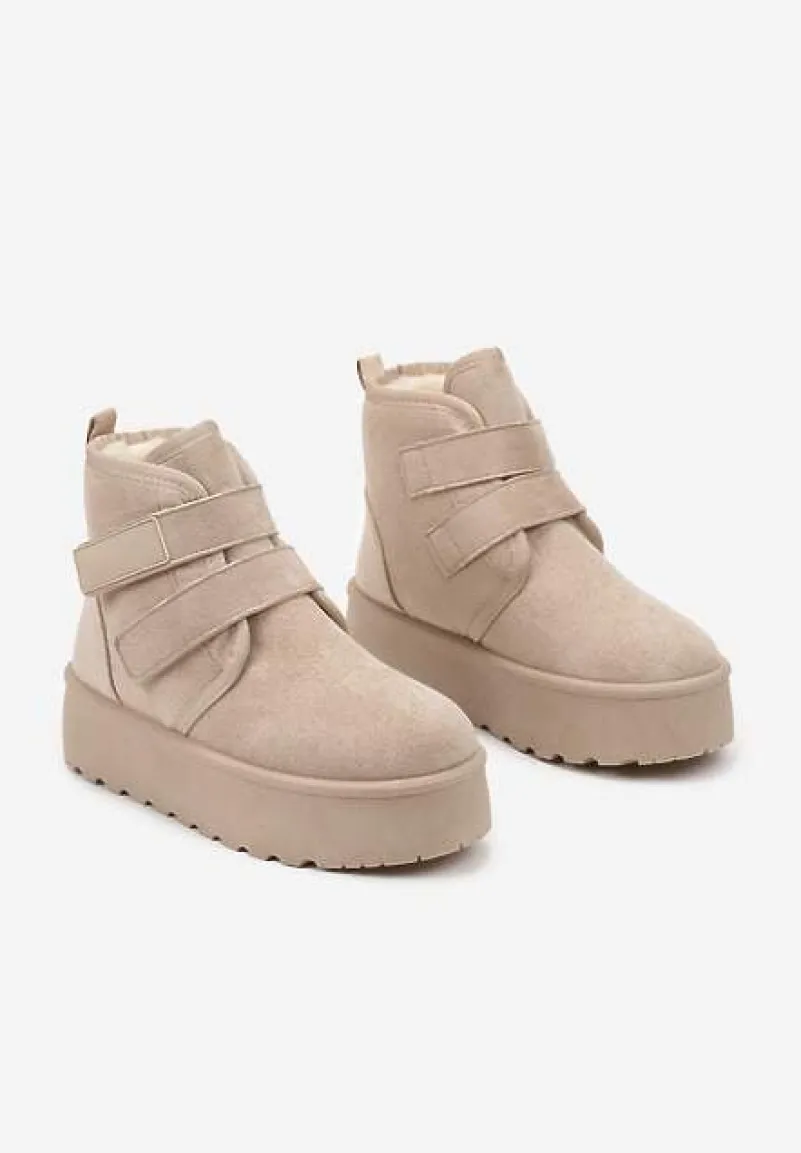 Beżowe Śniegowce na Platformie z Zapięciem na Rzep Tarimelle