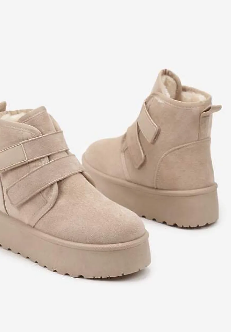 Beżowe Śniegowce na Platformie z Zapięciem na Rzep Tarimelle