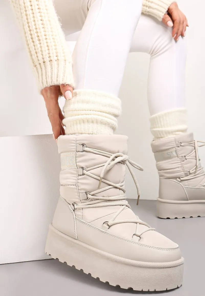 Beżowe Śniegowce na Platformie z Ozdobnym Wiązaniem Zingie