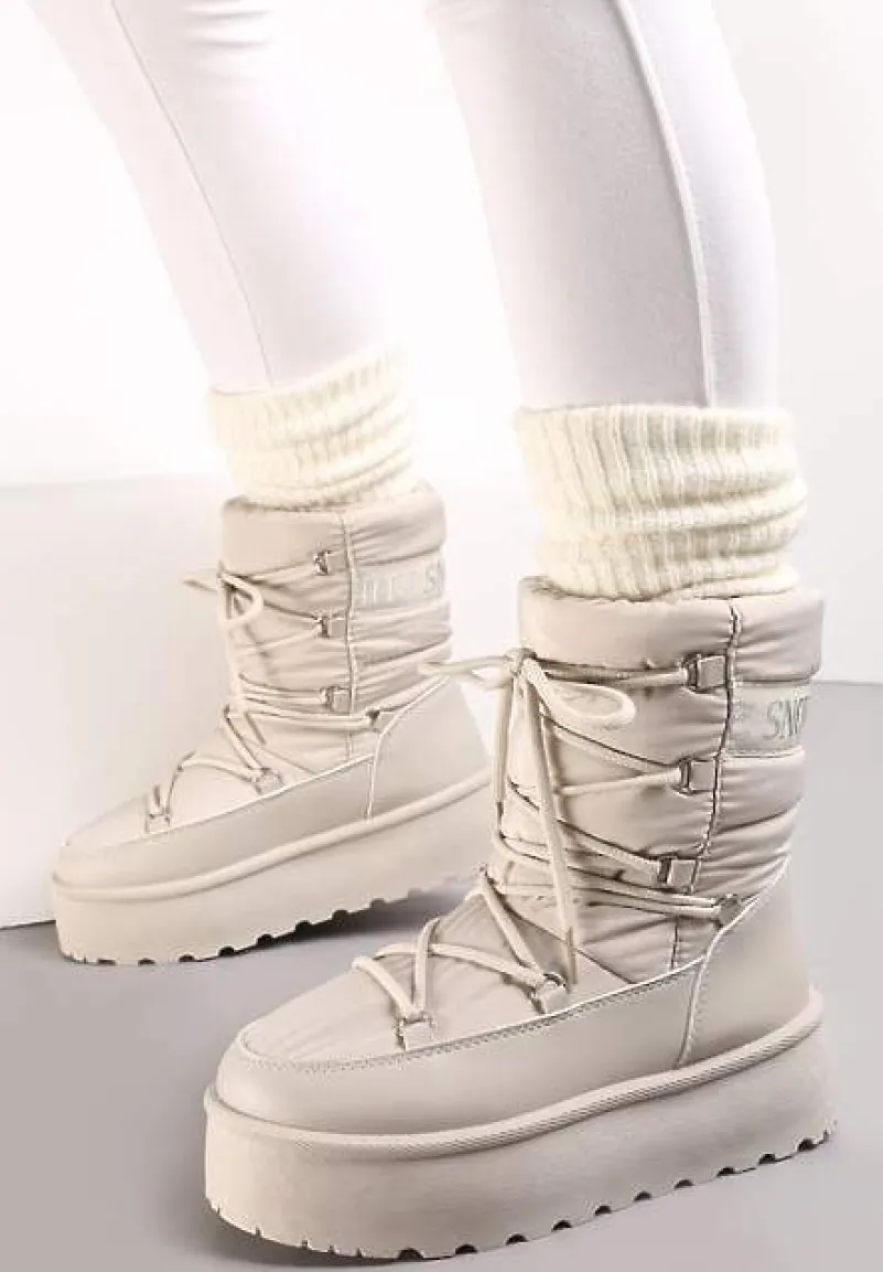 Beżowe Śniegowce na Platformie z Ozdobnym Wiązaniem Zingie