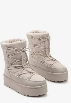 Beżowe Śniegowce na Platformie z Ozdobnym Wiązaniem Zingie