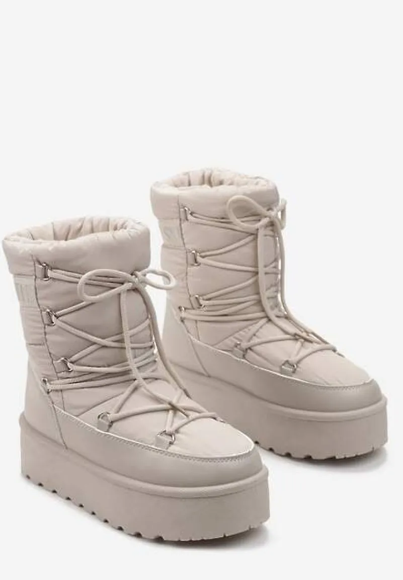 Beżowe Śniegowce na Platformie z Ozdobnym Wiązaniem Zingie