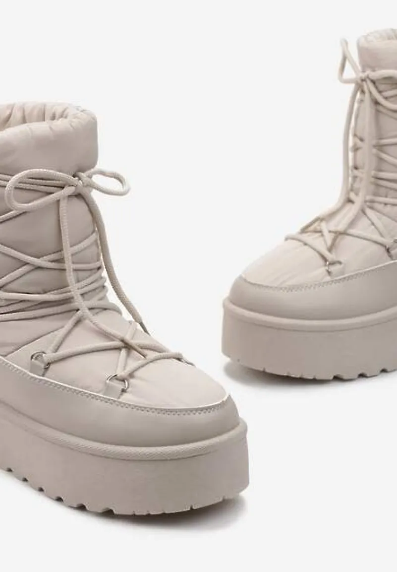 Beżowe Śniegowce na Platformie z Ozdobnym Wiązaniem Zingie