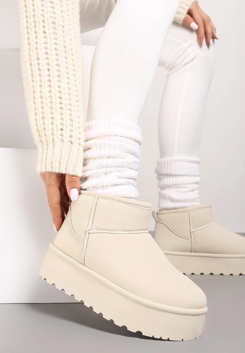 Beżowe Śniegowce na Platformie Ocieplane Futrem Saiveen