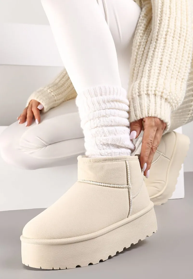 Beżowe Śniegowce na Platformie Ocieplane Futrem Saiveen