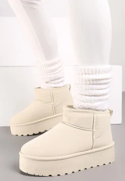 Beżowe Śniegowce na Platformie Ocieplane Futrem Saiveen