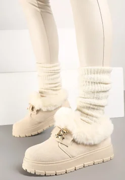 Beżowe Śniegowce na Platformie Ozdobione Aplikacją 3D i Futrem Cediona