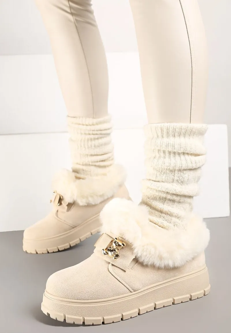 Beżowe Śniegowce na Platformie Ozdobione Aplikacją 3D i Futrem Cediona