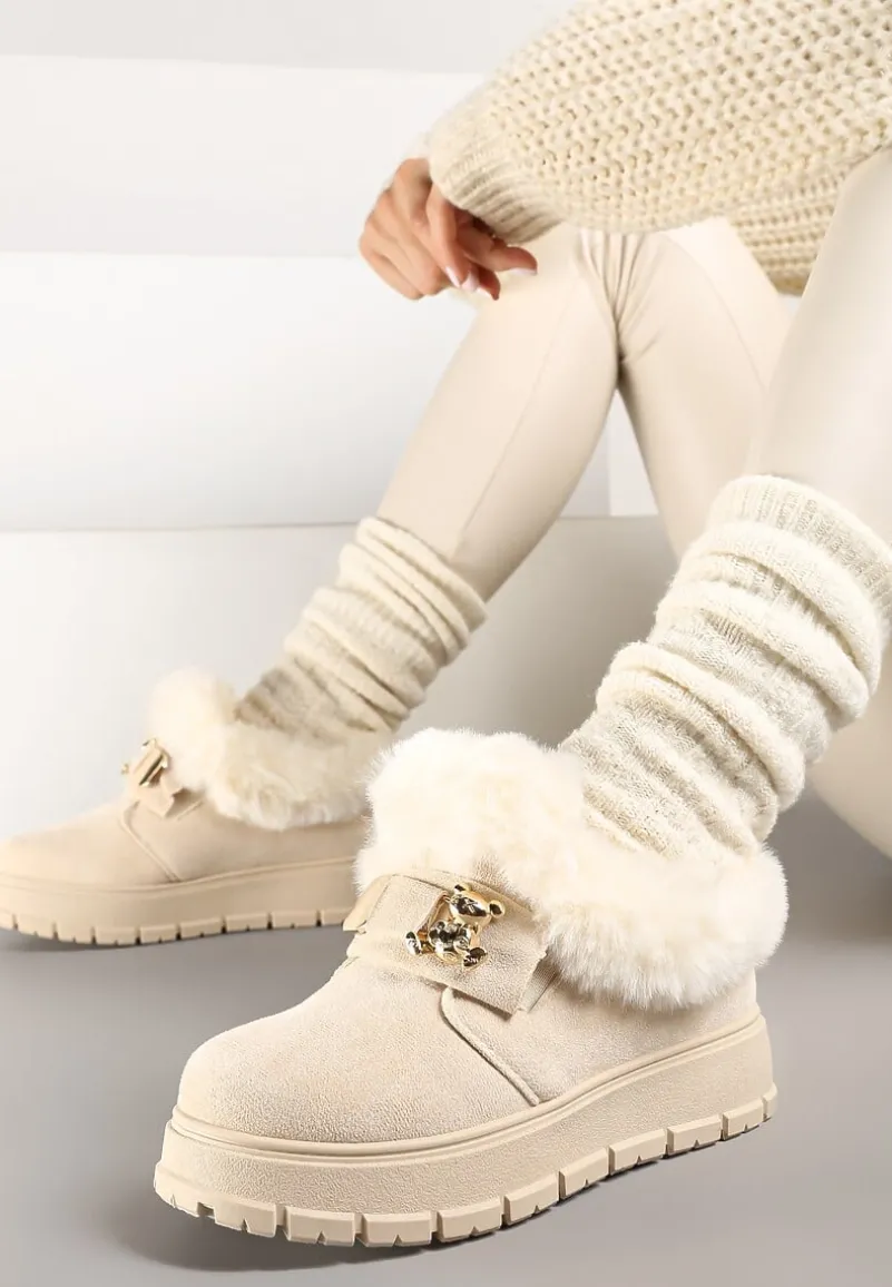 Beżowe Śniegowce na Platformie Ozdobione Aplikacją 3D i Futrem Cediona