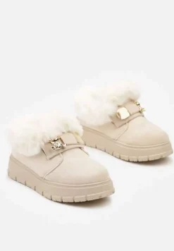 Beżowe Śniegowce na Platformie Ozdobione Aplikacją 3D i Futrem Cediona