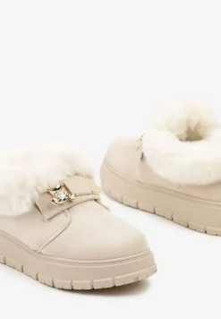 Beżowe Śniegowce na Platformie Ozdobione Aplikacją 3D i Futrem Cediona