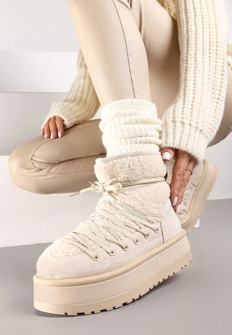 Beżowe Śniegowce na Platformie Wykończone Sztucznym Futerkiem Terilani