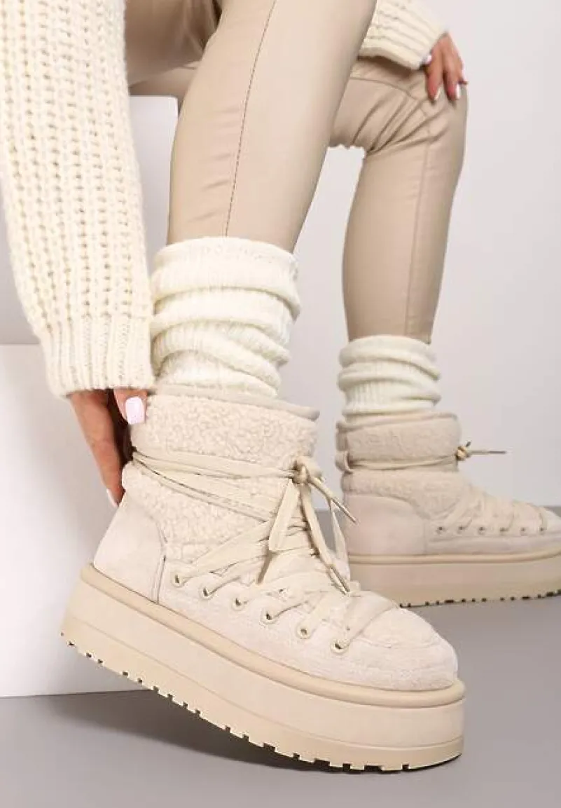 Beżowe Śniegowce na Platformie Wykończone Sztucznym Futerkiem Terilani