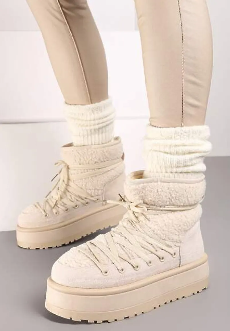 Beżowe Śniegowce na Platformie Wykończone Sztucznym Futerkiem Terilani