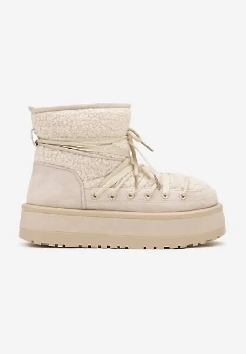 Beżowe Śniegowce na Platformie Wykończone Sztucznym Futerkiem Terilani