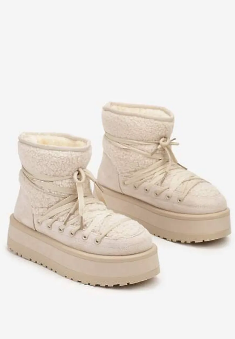 Beżowe Śniegowce na Platformie Wykończone Sztucznym Futerkiem Terilani