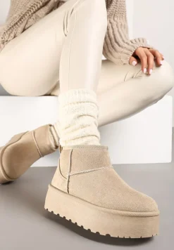 Beżowe Śniegowce na Platformie Ozdobionej Tłoczeniem z Niską Cholewką Inarinne