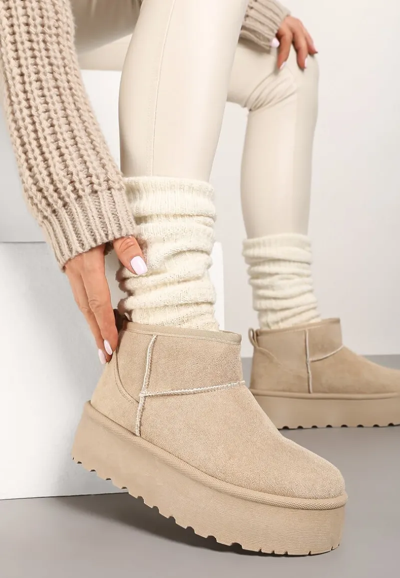 Beżowe Śniegowce na Platformie Ozdobionej Tłoczeniem z Niską Cholewką Inarinne