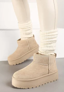 Beżowe Śniegowce na Platformie Ozdobionej Tłoczeniem z Niską Cholewką Inarinne