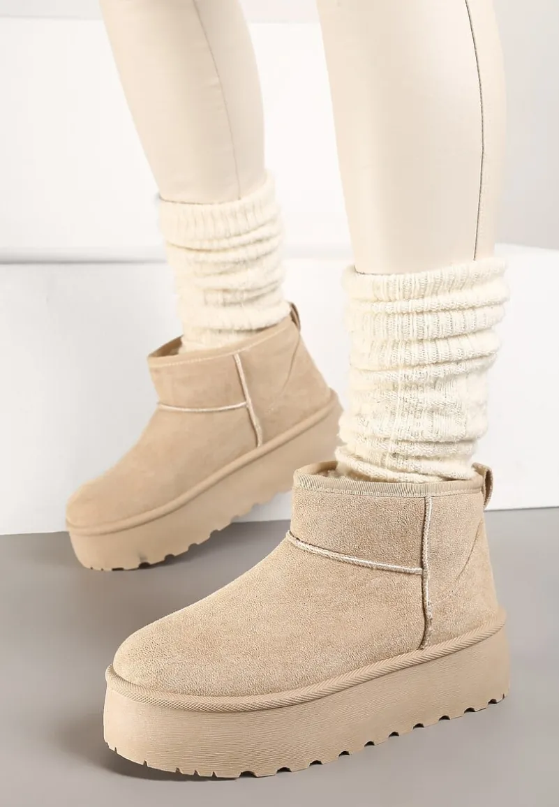 Beżowe Śniegowce na Platformie Ozdobionej Tłoczeniem z Niską Cholewką Inarinne