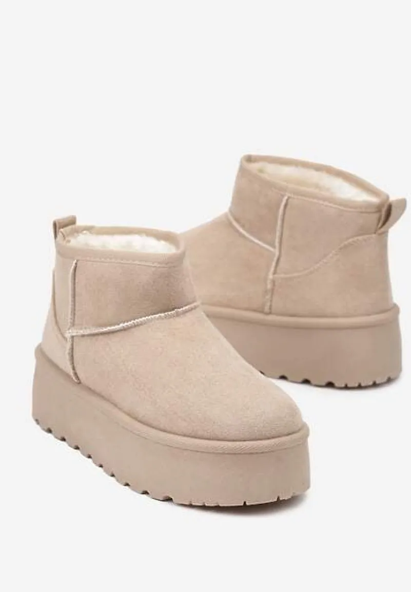 Beżowe Śniegowce na Platformie Ozdobionej Tłoczeniem z Niską Cholewką Inarinne