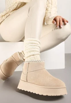 Beżowe Śniegowce na Platformie Ozdobione Haftem Deccaria