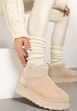 Beżowe Śniegowce na Platformie Ozdobione Haftem Deccaria