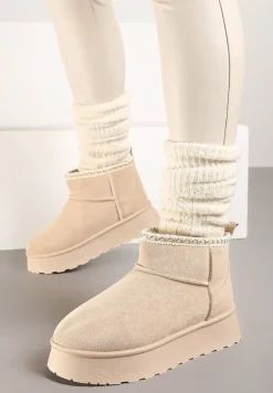 Beżowe Śniegowce na Platformie Ozdobione Haftem Deccaria