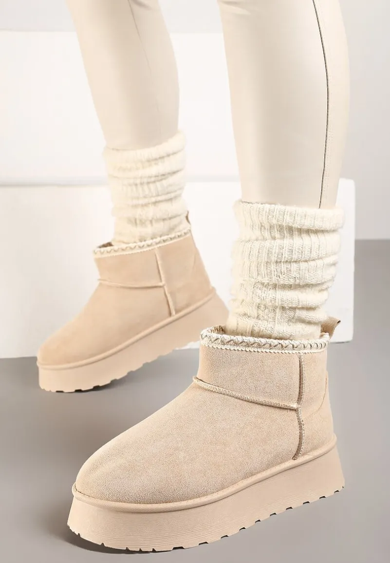 Beżowe Śniegowce na Platformie Ozdobione Haftem Deccaria