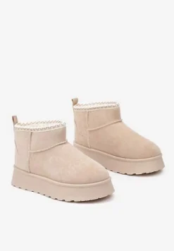 Beżowe Śniegowce na Platformie Ozdobione Haftem Deccaria