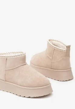 Beżowe Śniegowce na Platformie Ozdobione Haftem Deccaria