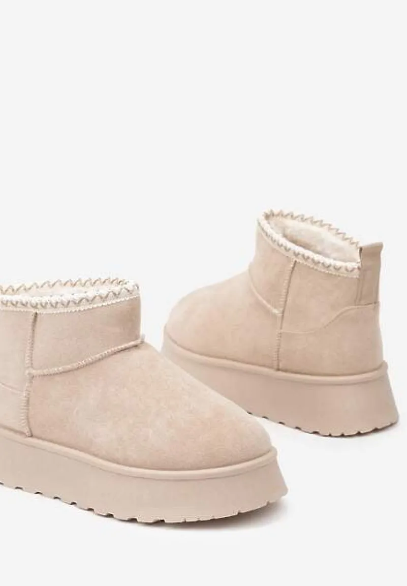 Beżowe Śniegowce na Platformie Ozdobione Haftem Deccaria