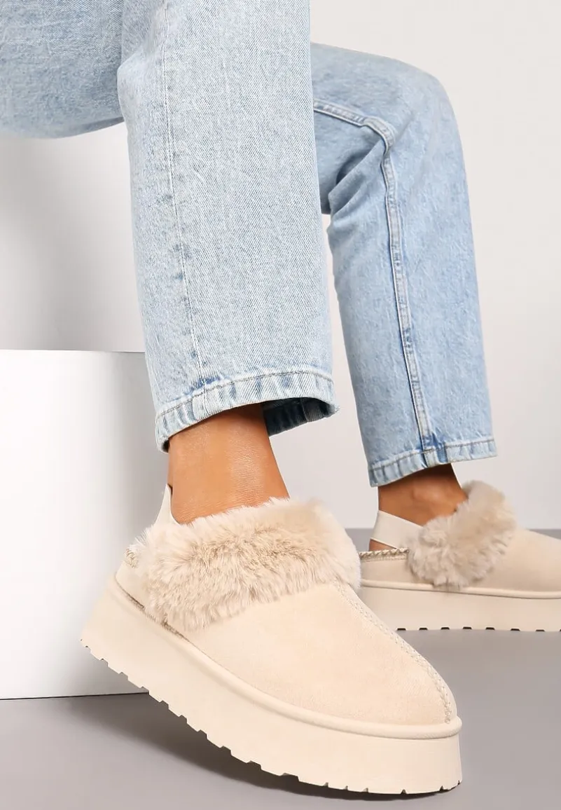 Beżowe Śniegowce na Platformie Ozdobione Futerkiem i Paskiem na Pięcie Inarine