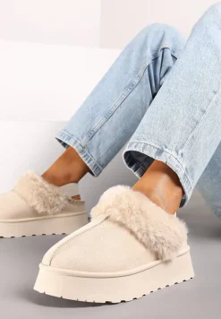 Beżowe Śniegowce na Platformie Ozdobione Futerkiem i Paskiem na Pięcie Inarine