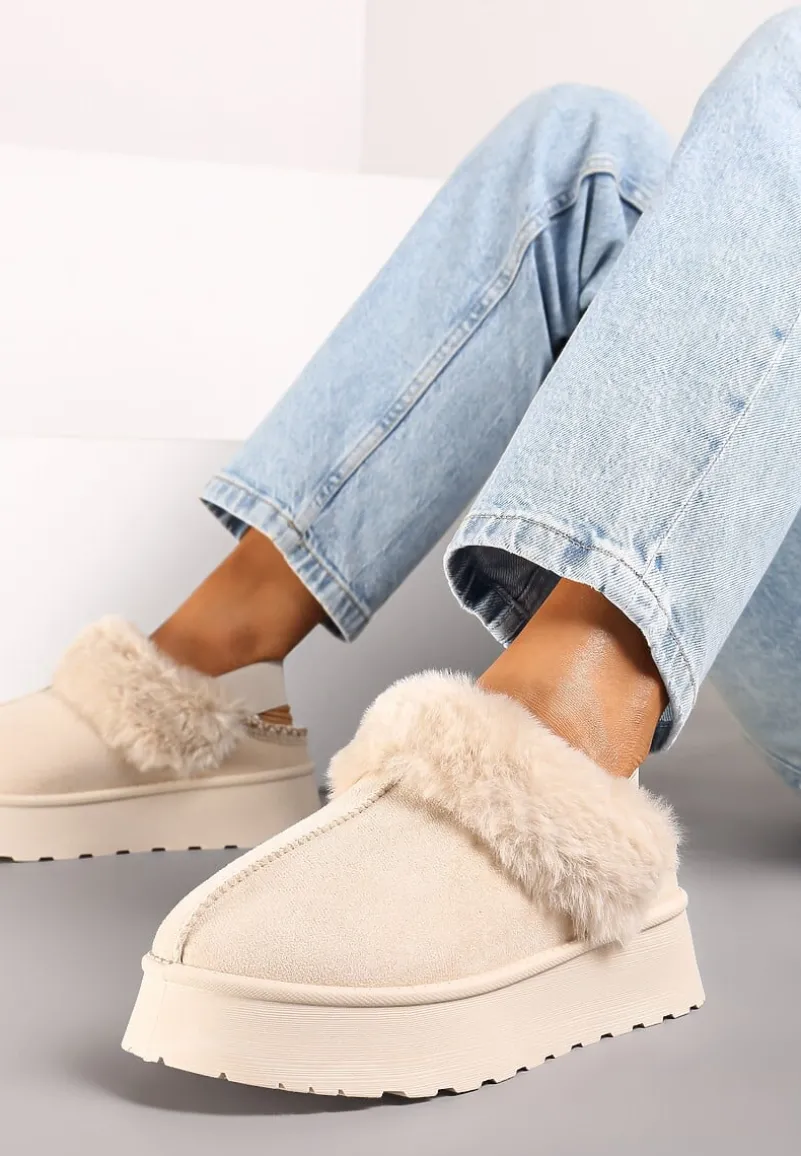 Beżowe Śniegowce na Platformie Ozdobione Futerkiem i Paskiem na Pięcie Inarine