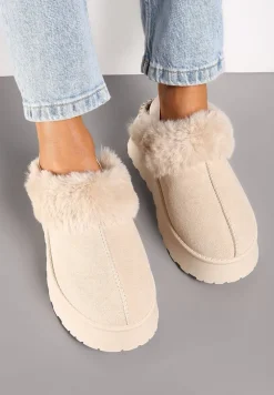 Beżowe Śniegowce na Platformie Ozdobione Futerkiem i Paskiem na Pięcie Inarine